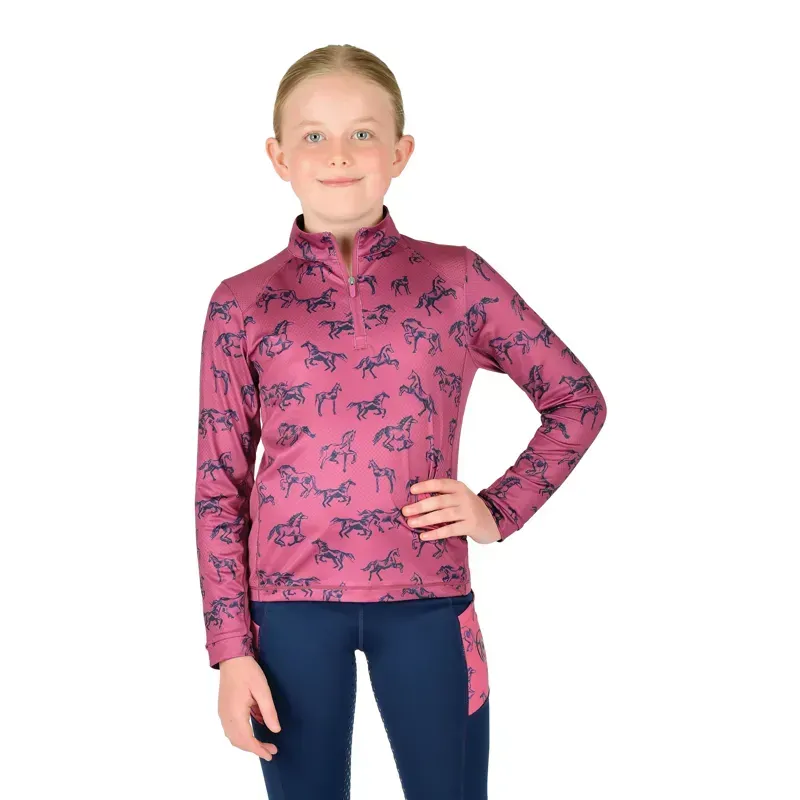 Dublin Kids Autumn Sally Long Sleeve Riding Top in Red Violet Frolicking Horses