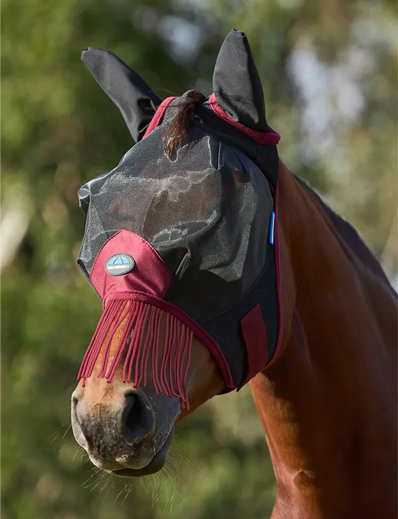 Weatherbeeta Comfitec Fine Mesh Fly Mask With Ears and Tassels - Black/Burgundy