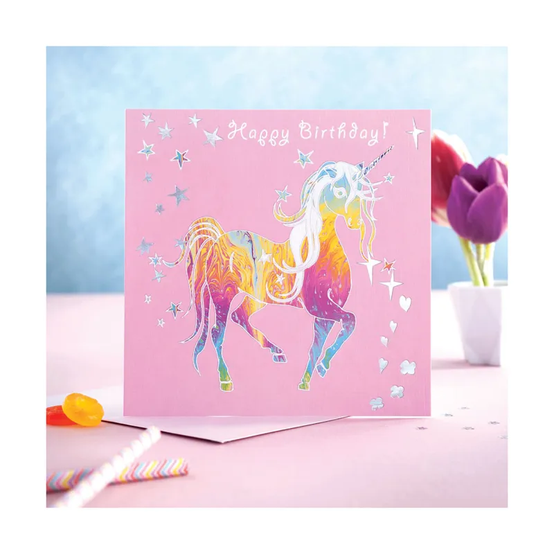 Deckled Edge Prancing Myth Card - Happy Birthday - Glitter Unicorn
